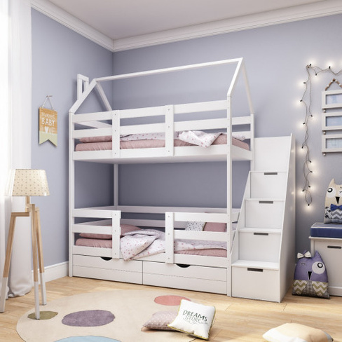 Кровать-домик детская двухъярусная Classic 180х90 белая с лестницей-комодом