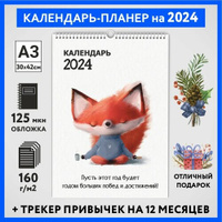 Календарь на 2024 год, планер с трекером привычек, А3 настенный перекидной, Лисёнок #70 - №9, calendar_fox_#70_A3_9 ДАРИ