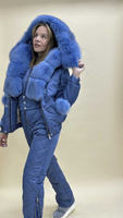 Серо-голубой зимний комплект с мехом: куртка бомбер с голубым песцом и полукомбинезон - Шапка ушанка с мехом
