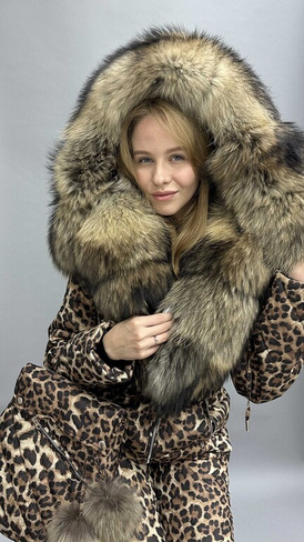 Леопардовый зимний костюм до -35 градусов: куртка с натуральным мехом енота и штаны - Брендированные лямки(резинка)