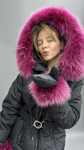 Костюм зимний серого цвета до -35 градусов штаны и куртка с розовым мехом енота - Косынка стеганая