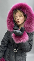 Костюм зимний серого цвета до -35 градусов штаны и куртка с розовым мехом енота - Варежки без меха