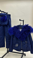 Темно-синий блестящий костюм: штаны стеганые и куртка с мехом ламы до -35 градусов - Дополнительно широкий пояс на кнопк