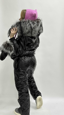 Черная глянцевая куртка с мехом чернобурки+зимние штаны - костюм женский до -35 градусов - Варежки с мехом (мех использу
