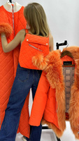 Неоновый яркий костюм с оранжевым натуральным мехом: полукомбинезон под горло+куртка с мехом - зима до -35 градусов - Рю