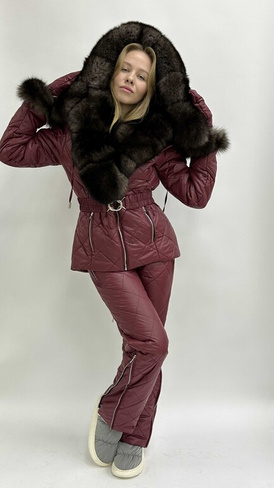 Бордовый зимний костюм с мехом песца под соболь: куртка парка с мехом до груди+стеганые зимние брюки до -35 градусов - В