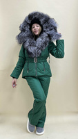 Зеленый зимний костюм до -35 градусов: полукомбинезон и куртка парка с чернобуркой - Дополнительно широкий пояс на кнопк