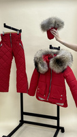 Красный зимний костюм детский: штаны+куртка с натуральным мехом енота - варежки с мехом