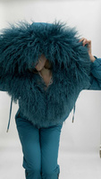 Бирюзовый зимний костюм с натуральным мехом ламы: куртка бомбер и стеганые штаны до -35 градусов - Варежки с мехом (мех