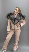 Розовый пудровый костюм с натуральным мехом чернобурки: куртка зимняя+штаны до -35 градусов - Шапка ушанка с мехом