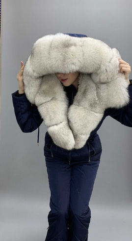 Зимний комплект до -35 градусов: полукомбинезон и куртка парка с натуральным мехом песца вуаль, цвет темно-синий - Вареж