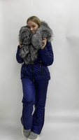 Синий блестящий костюм для прогулок: куртка-парка с натуральным мехом чернобурки+штаны зима - Брендированные лямки(резин