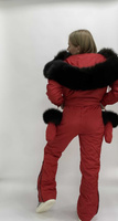 Красный зимний комплект до -35 градусов:полукомбинезон и куртка бомбер с натуральным мехом песца под соболь - Без аксесс