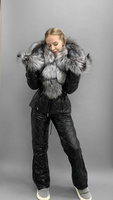 Черный зимний костюм: куртка приталенная с мехом чернобурки+зимние штаны - Варежки без меха