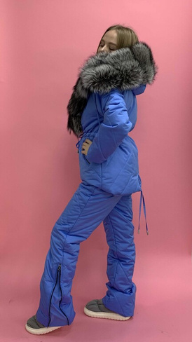 Голубой зимний комплект до -35 градусов: полукомбинезон и куртка парка с мехом чернобурки - Брендированные лямки(резинка