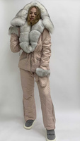 Нежно-розовый зимний комплект до -35 градусов: куртка с песцом вуаль до груди+теплые штаны - Брендированные лямки(резинк
