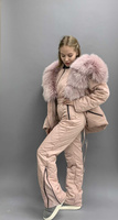 Розовая куртка парка стеганая с мехом енота и полукомбинезон - зимний комплект для прогулок до -35 градусов - Варежки бе