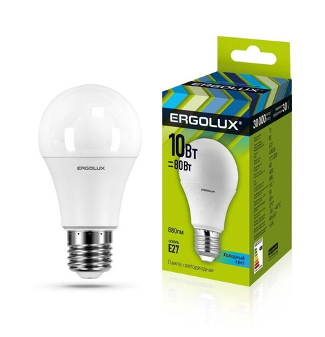 Лампа светодиодная LED-A60-10W-E27-4500K 10Вт грушевидная 4500К бел. E27 180-240В ЛОН Ergolux 12149