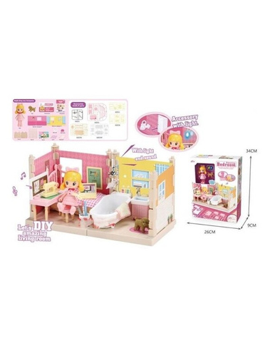 Игрушечный домик "Жилая комната" (свет, звук) в коробке санузел+спальня с мебелью,кукла (10см),собачка 6203