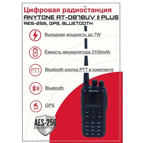 Двухдиапазонный портативный радиоприемник с цифровым шифрованием AES256 Anytone AT-D878UVII Plus (GPS+Bluetooth) AnyTone