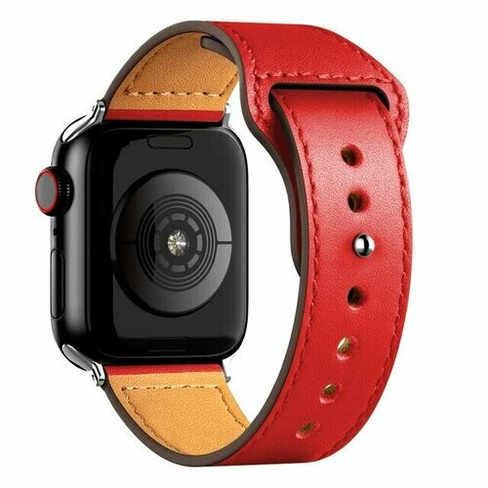 Кожаный ремешок для Apple Watch series 3 4 5 6 7 8 9 SE, в корпусах 42, 44, 45, 49. Красный / Red Root Habitant