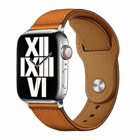 Кожаный ремешок для Apple Watch series 3 4 5 6 7 8 9 SE, в корпусах 42, 44, 45, 49. Светло-Коричневый / Неrmеs Brown Roo